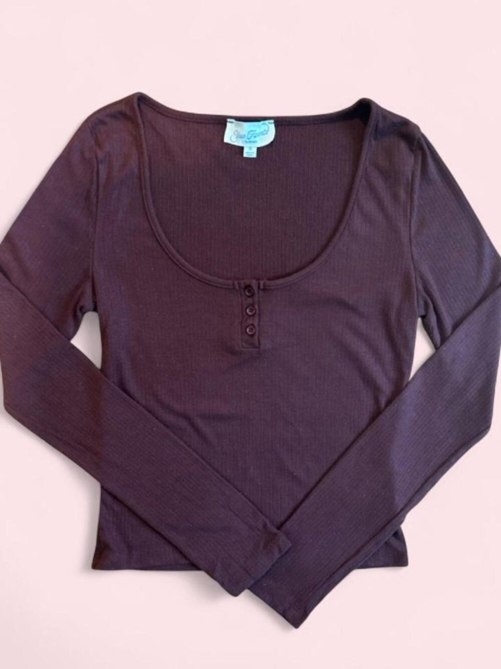 Pacsun Women's ribbed y2k burgundy long-sleeve top with button detail